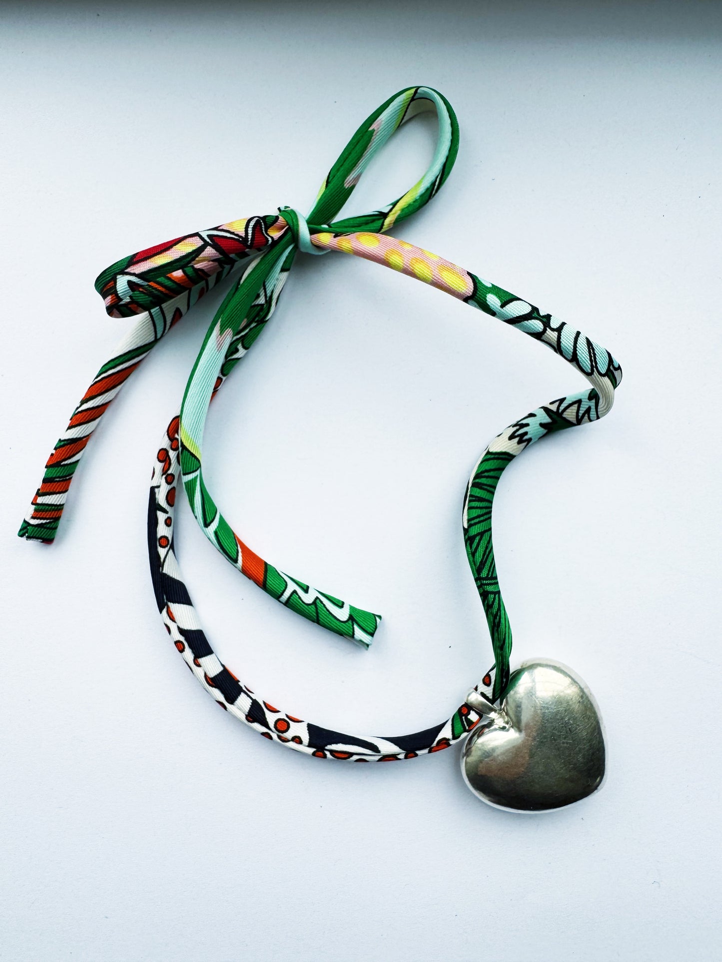 Green Ribbon Puff Heart Necklace