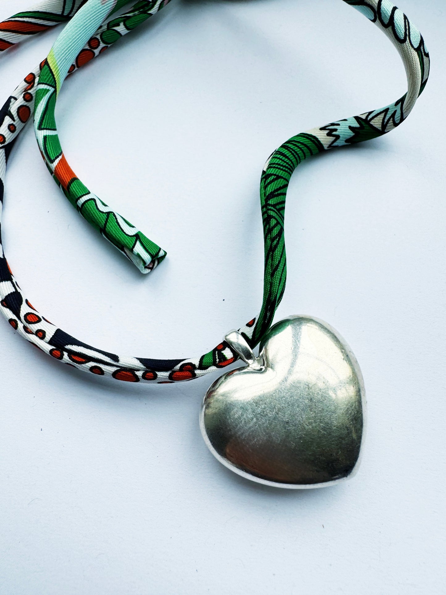 Green Ribbon Puff Heart Necklace