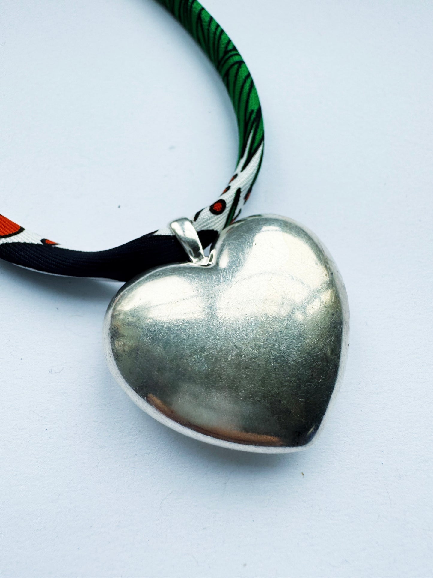 Green Ribbon Puff Heart Necklace