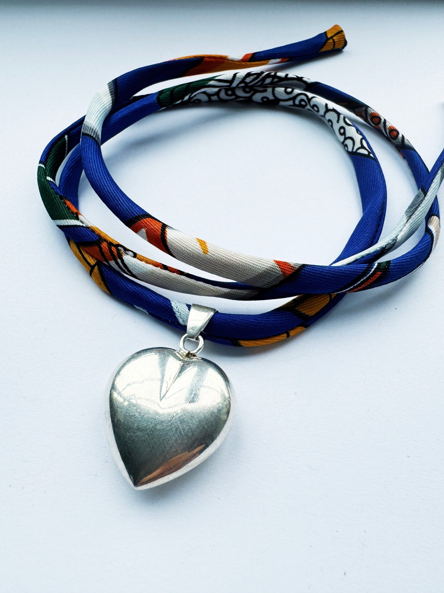 Blue Ribbon Puff Heart Necklace