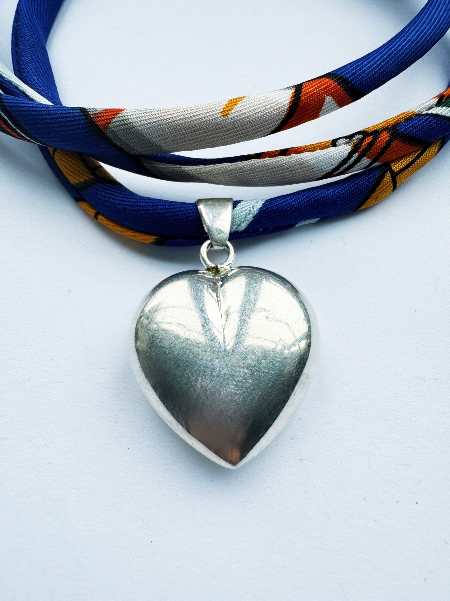 Blue Ribbon Puff Heart Necklace