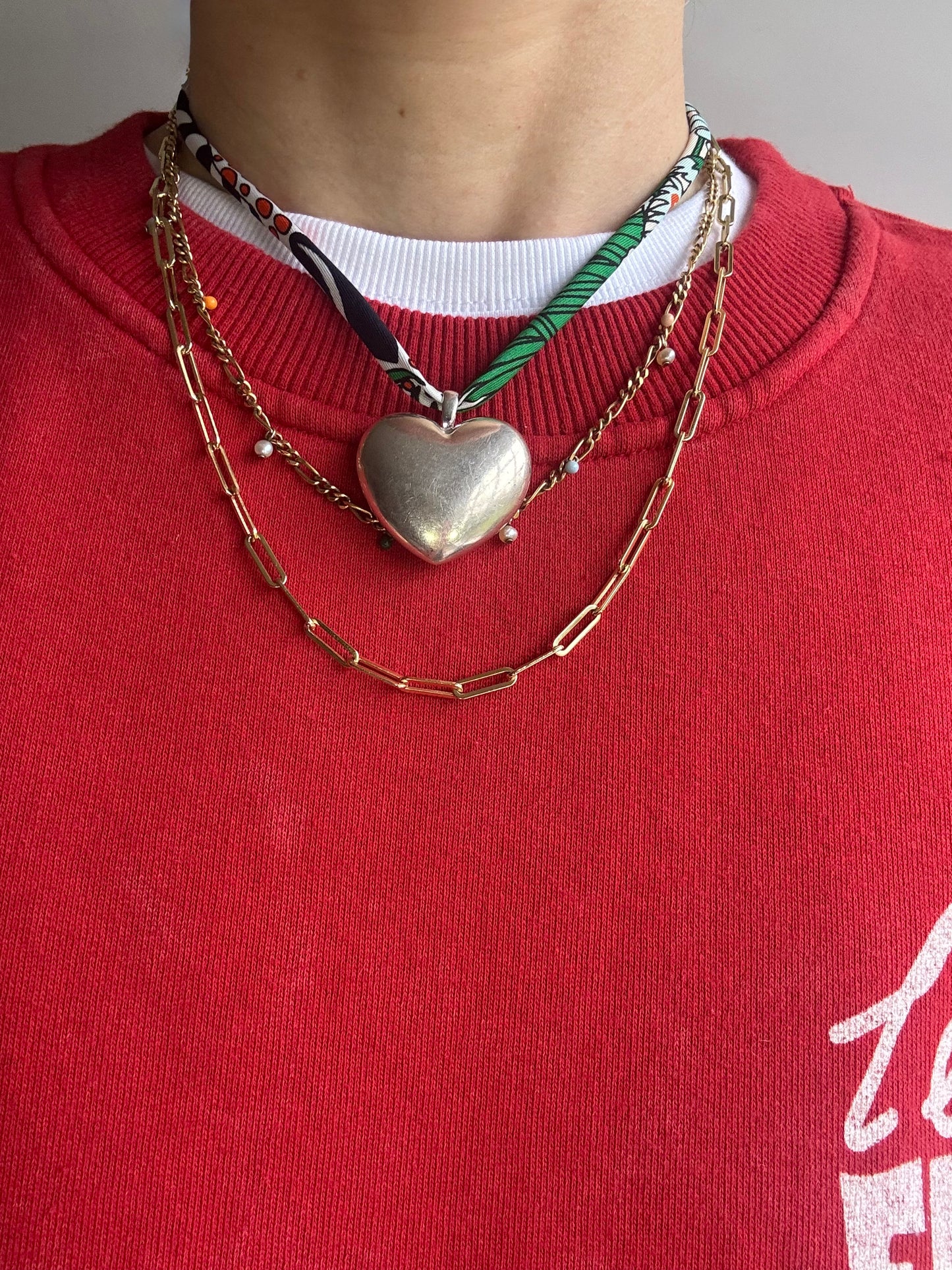 Green Ribbon Puff Heart Necklace