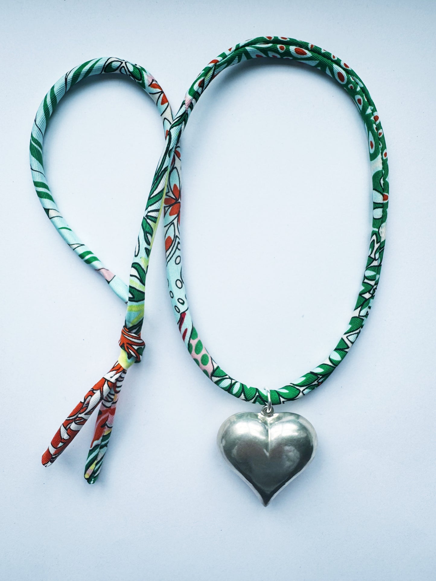 Green Ribbon Large Puff Heart Necklace