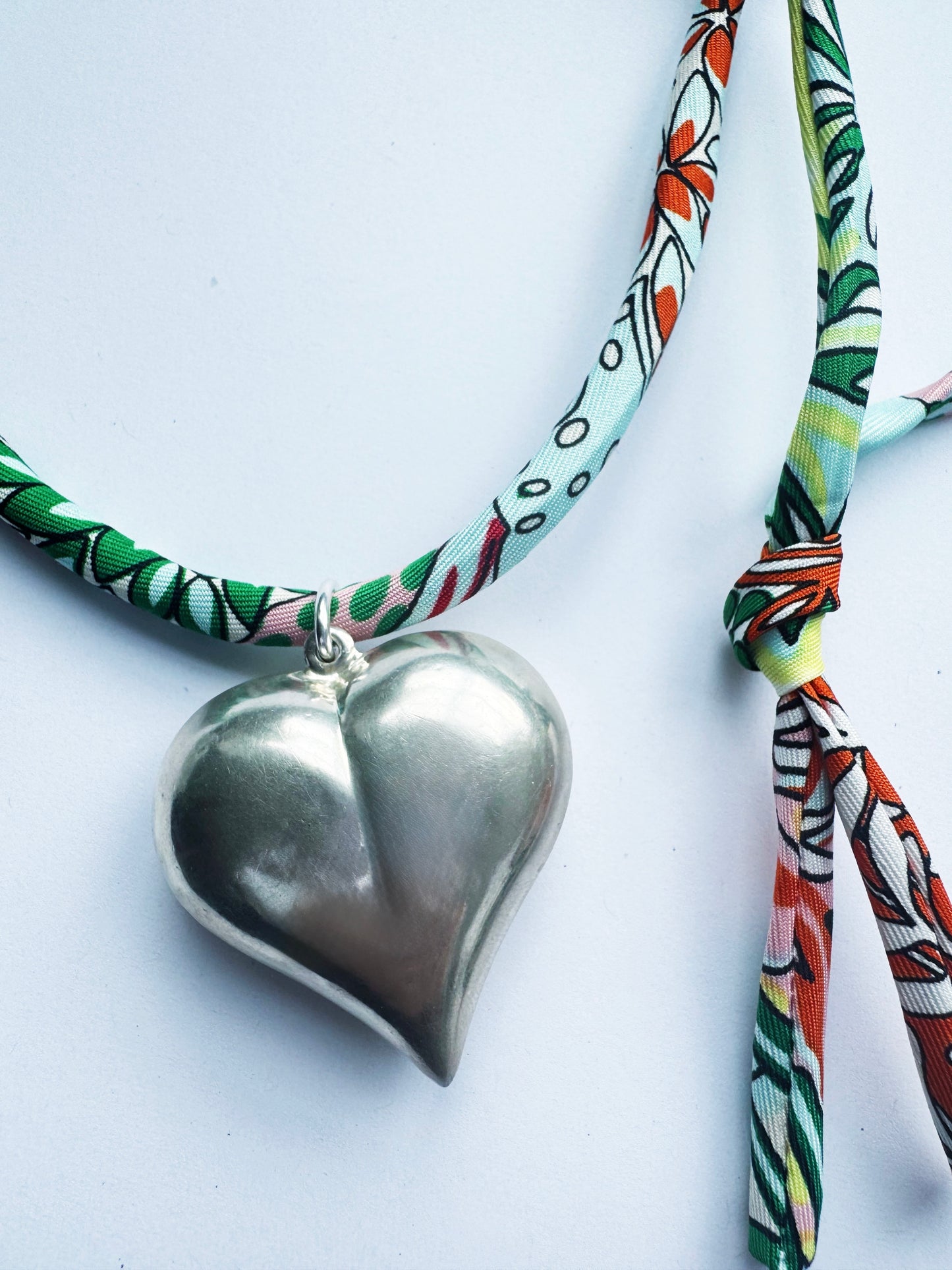 Green Ribbon Large Puff Heart Necklace